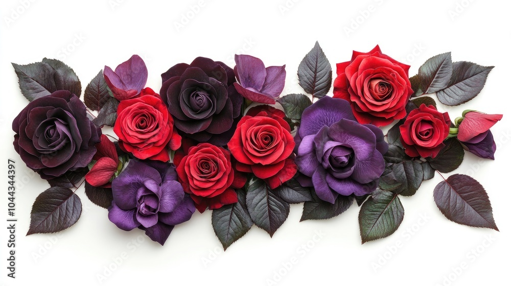 Obraz premium Elegant Red and Purple Roses with Dark Green Leaves
