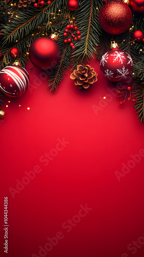 Red background featuring a Christmas tree with ornaments and bright festive lights for seasonal themes
