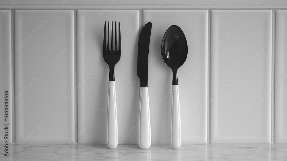 Black and white cutlery set, consisting of a fork, knife, and spoon, displayed on a white tile background. The minimalist design emphasizes modern and eco-friendly kitchen utensils. Black and white cutlery set, consisting of a fork, knife, and spoon, displayed on a white tile background. The minimalist design emphasizes modern and eco-friendly kitchen utensils.