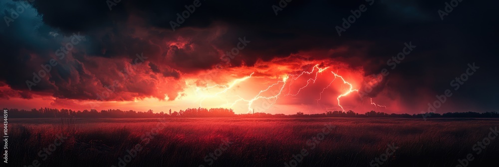 Powerful lightning strikes with dark red storm clouds above the field. Scary lightning bolt in night sky Powerful lightning strikes with dark red storm clouds above the field. Scary lightning bolt in night sky