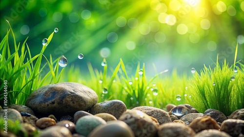 A tranquil scene of dewy grass and smooth, rounded stones, bathed in the warm glow of the morning sun.