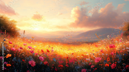 A serene countryside meadow at dawn, with wildflowers in bloom and the soft light of the sunrise casts a golden glow over the landscape, creating a peaceful and idyllic atmosphere.