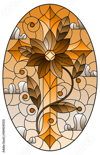 An illustration in the style of a stained glass window with a Christian cross with a flower on a background of sky and clouds, oval imagen tone brown