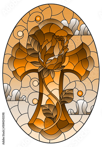 An illustration in the style of a stained glass window with a Christian cross with a rose  flower on a background of sky and clouds, oval image, tone brown