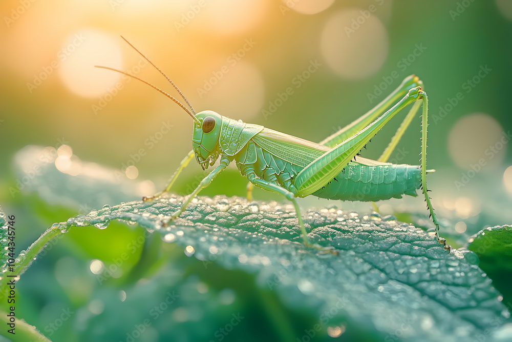Green Grasshopper Photo - Insect on Dewy Leaf at Sunrise Green Grasshopper Photo - Insect on Dewy Leaf at Sunrise