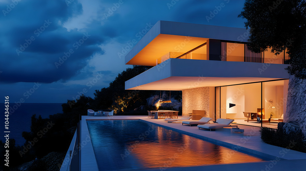 Fototapeta premium Modern Villa With Infinity Pool and Ocean View at Dusk, luxury villa, swimming pool, sea view, twilight, evening