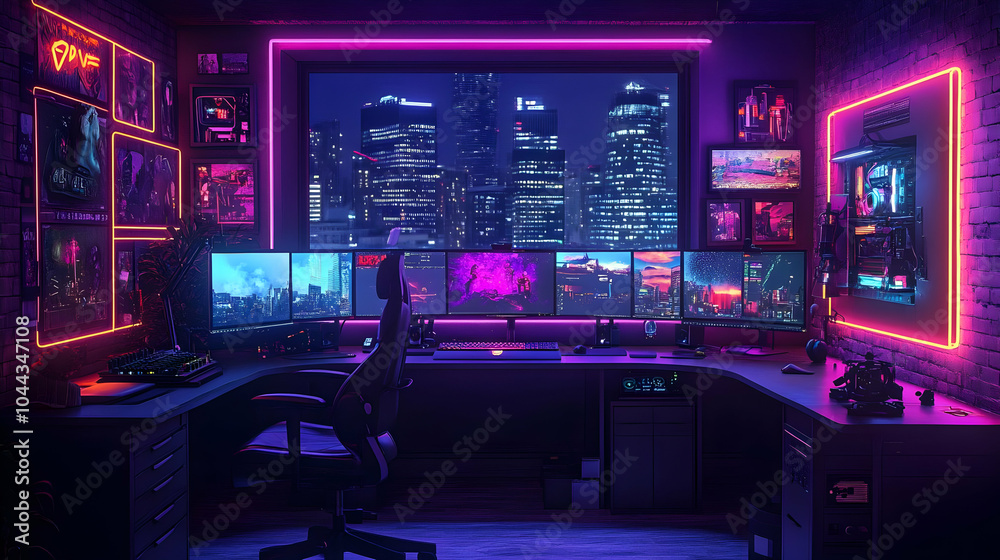 Modern Gaming Setup with Neon Lights, gaming room, gamer, gamer room, pc gaming, computer gaming Modern Gaming Setup with Neon Lights, gaming room, gamer, gamer room, pc gaming, computer gaming