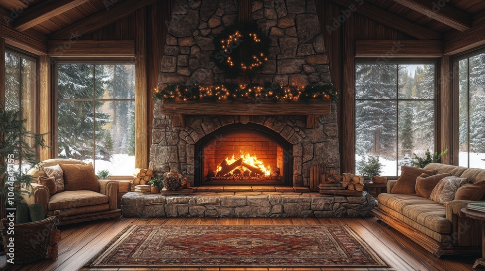 Fototapeta premium Cozy cabin interior with a roaring fireplace. Featuring a warm living space and rustic furniture. Highlighting comfort and rustic charm. Ideal for home and lifestyle magazines.