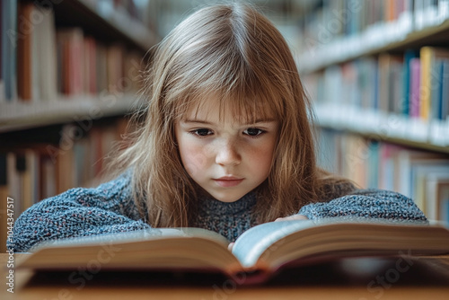 A child reading a book in the school library, immersed in learning.