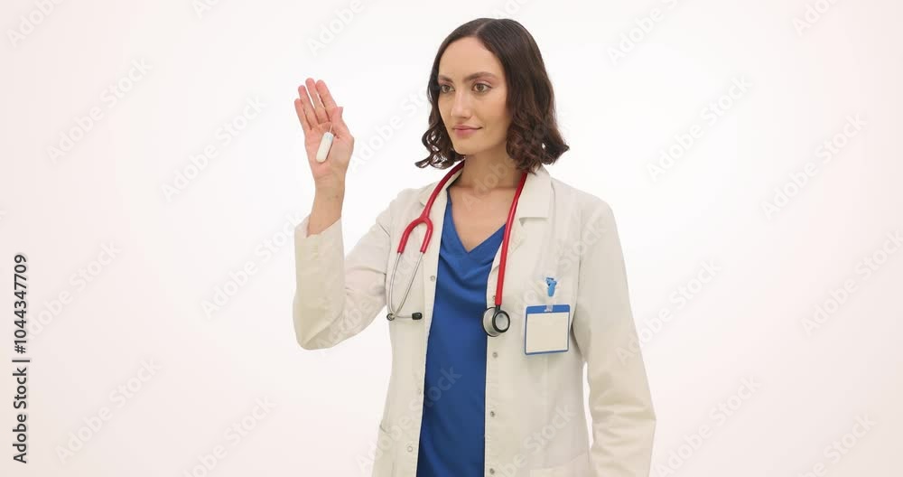 Woman doctor presents tampon and sanitary pad in hands. Female physician shows products for menstrual periods comparing personal hygiene options Woman doctor presents tampon and sanitary pad in hands. Female physician shows products for menstrual periods comparing personal hygiene options