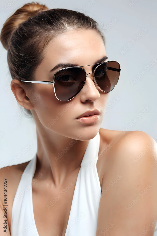 Beautiful stylish fashionable woman wearing stylish sun glasses on white background Beautiful stylish fashionable woman wearing stylish sun glasses on white background