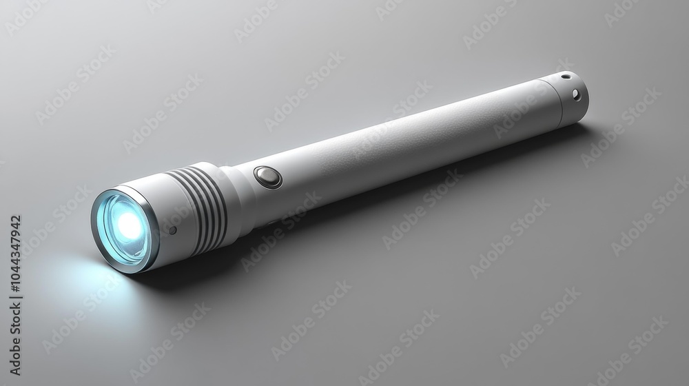 A white camping flashlight with a cylindrical shape and a single button, placed on a white background, emitting light from its LED lens. A white camping flashlight with a cylindrical shape and a single button, placed on a white background, emitting light from its LED lens.