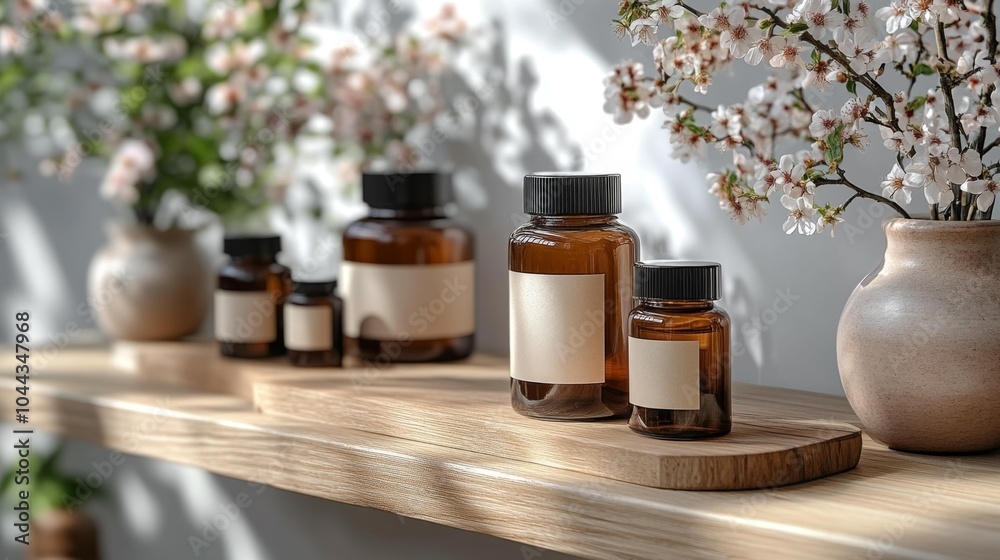 Amber glass bottles with blank labels on a wooden shelf for branding display set against a bright background with soft shadows and cherry blossom branches.. Generative AI Amber glass bottles with blank labels on a wooden shelf for branding display set against a bright background with soft shadows and cherry blossom branches.. Generative AI