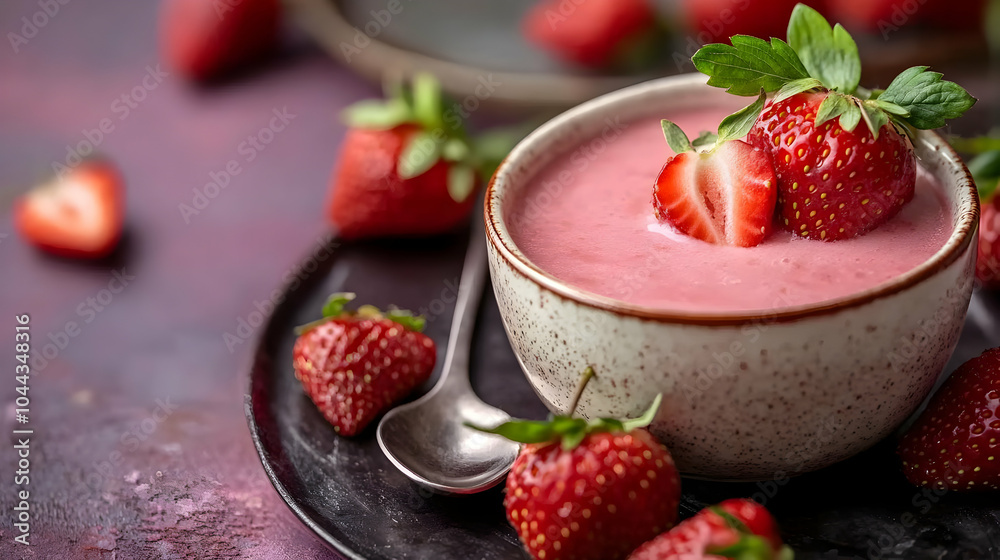 Strawberry Soup with Fresh Berries, fruit, red, pink, bowl, spoon Strawberry Soup with Fresh Berries, fruit, red, pink, bowl, spoon