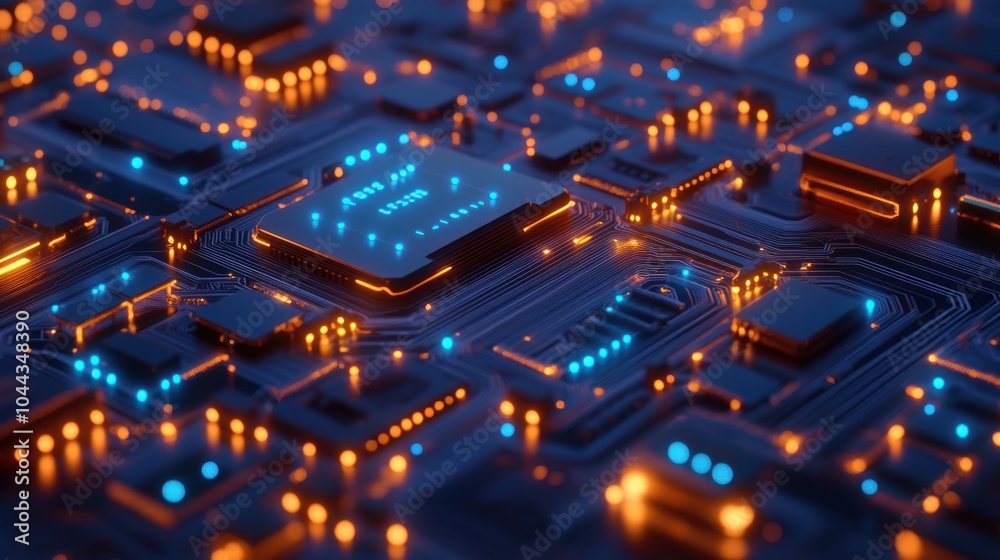 Obraz premium A close-up view of a circuit board with glowing components and intricate designs.
