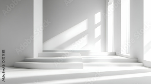 Minimalist White Room with Platform and Sunlight, Minimalism, Podium, Display, Showcase, Product Display