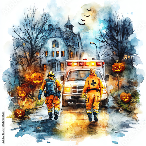 Ambulance arrives at a spooky, haunted house on Halloween night, lit by jack-o'-lanterns and surrounded by eerie trees.