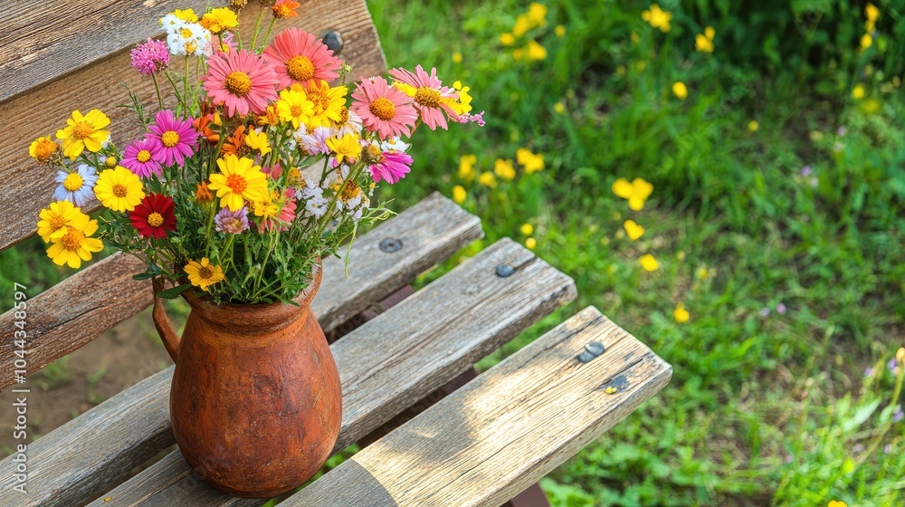 Fototapeta premium Vibrant Flowers in Clay Pot on Rustic Wooden Bench