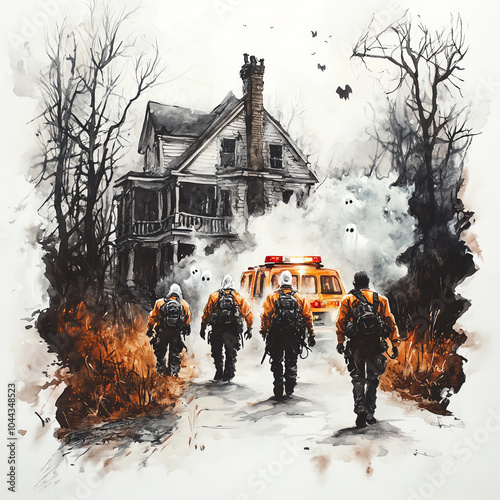 Firefighters approach a smoke-filled house, carrying equipment, amidst a haunting landscape with barren trees.