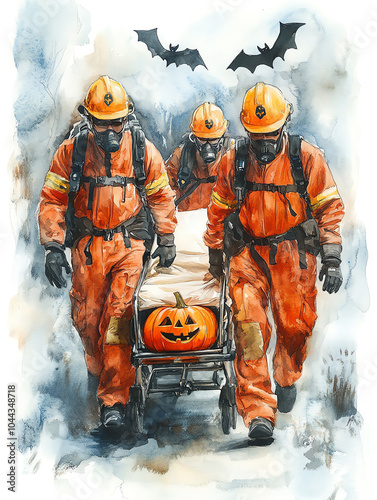 Three emergency workers in hazmat suits carry a pumpkin on a stretcher, surrounded by Halloween bats in a spooky setting.