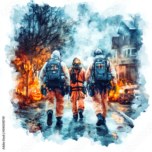 Three firefighters walk through a smoky, eerie street at night, dressed in gear, ready to tackle a blazing fire.