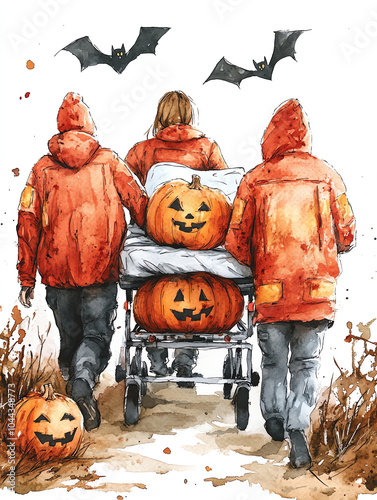 Three people in orange jackets pushing a gurney with a carved pumpkin and bats flying above, capturing a spooky Halloween theme.
