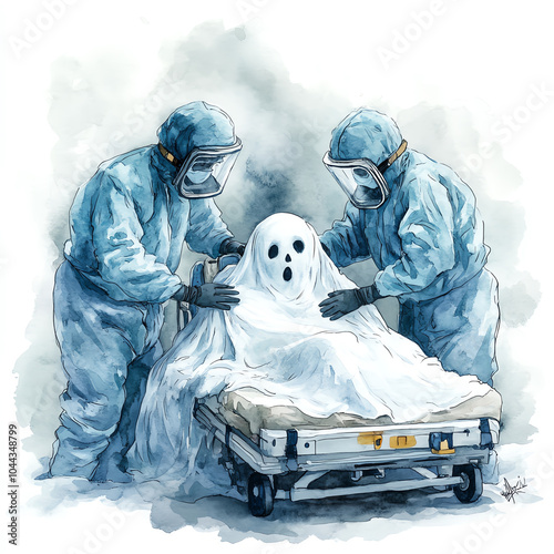 Two medical workers in protective gear covering a ghost-like figure on a hospital bed, creating a surreal and whimsical scene.