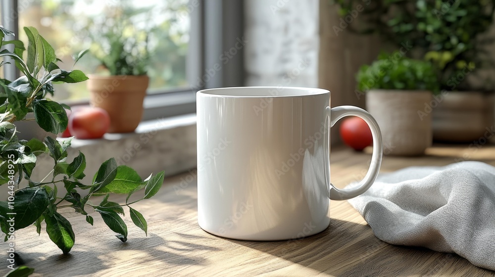 Minimalist white ceramic coffee mug mockup in a cozy home setting with greenery and natural lighting ideal for kitchenware branding and product designs.. Generative AI Minimalist white ceramic coffee mug mockup in a cozy home setting with greenery and natural lighting ideal for kitchenware branding and product designs.. Generative AI