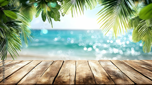 Tropical Beach with Wooden Tabletop, ocean, sea, water, blue, turquoise