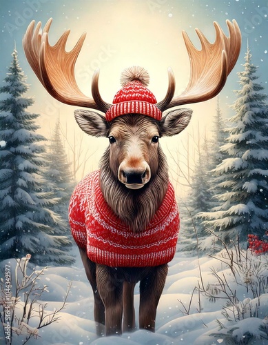 Christmas moose in the snow, a woody scene