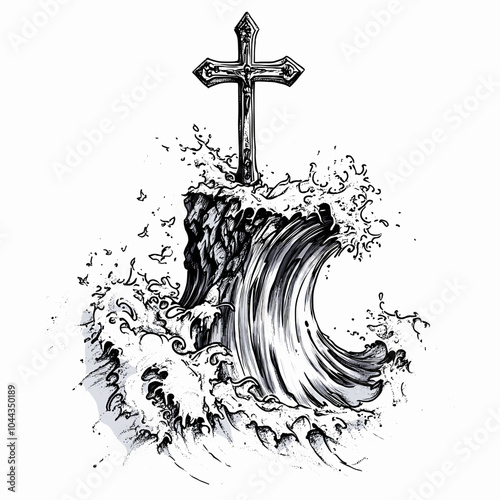 Cross Tattoo Design on Cliff Overlooking Waves