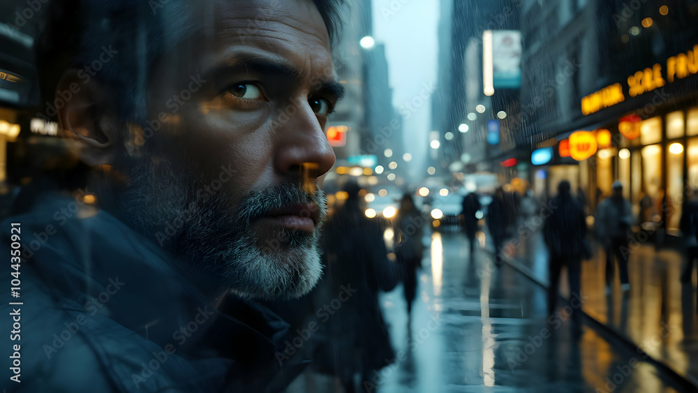 Introspective Man in Urban Rainy Environment Introspective Man in Urban Rainy Environment