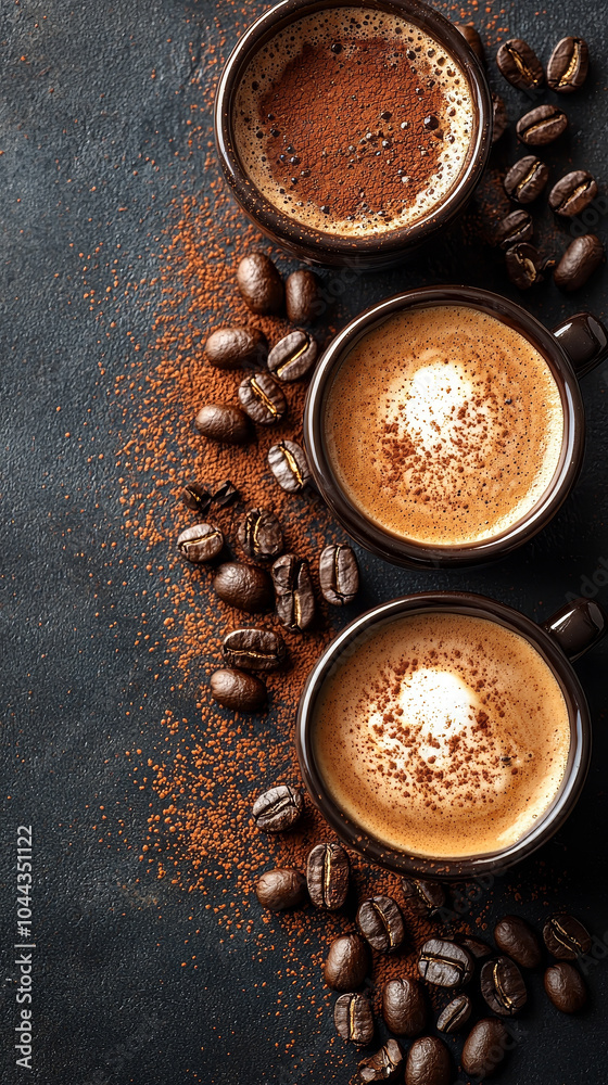 Rich dark coffee in three cups, topped with cocoa powder and surrounded by coffee beans, creates warm and inviting atmosphere perfect for coffee lovers Rich dark coffee in three cups, topped with cocoa powder and surrounded by coffee beans, creates warm and inviting atmosphere perfect for coffee lovers