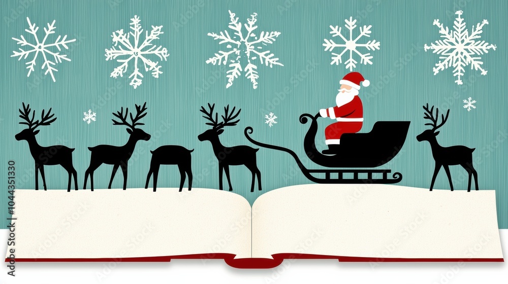 Fototapeta premium Santa s Sleigh Across Winter Wonderland on Open Book