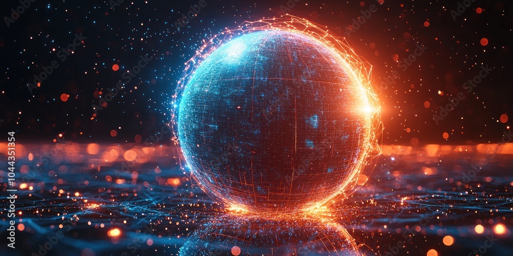 A glowing sphere with a network of lines and dots, reflecting light on a dark surface. A glowing sphere with a network of lines and dots, reflecting light on a dark surface.