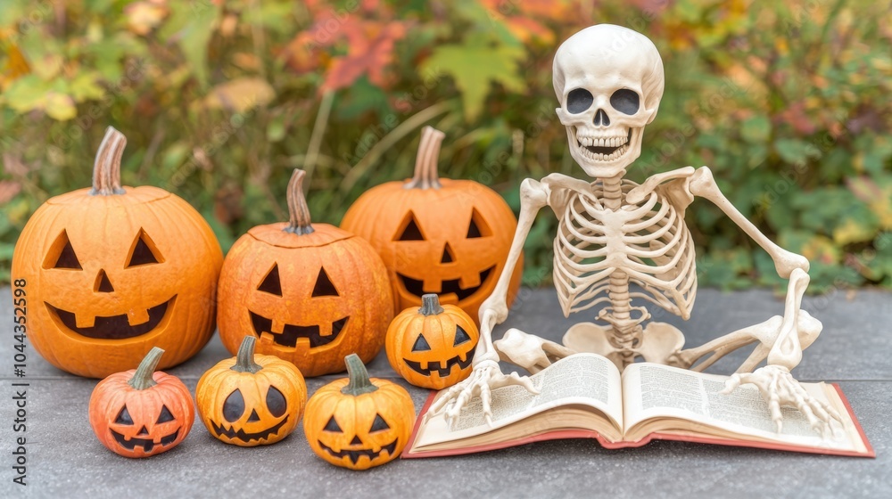 Spooky Halloween Pumpkins and Skeleton Display in Autumnal Setting Spooky Halloween Pumpkins and Skeleton Display in Autumnal Setting