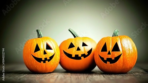 Eerie Jack o Lantern Pumpkins on Rustic Wooden Table for Halloween