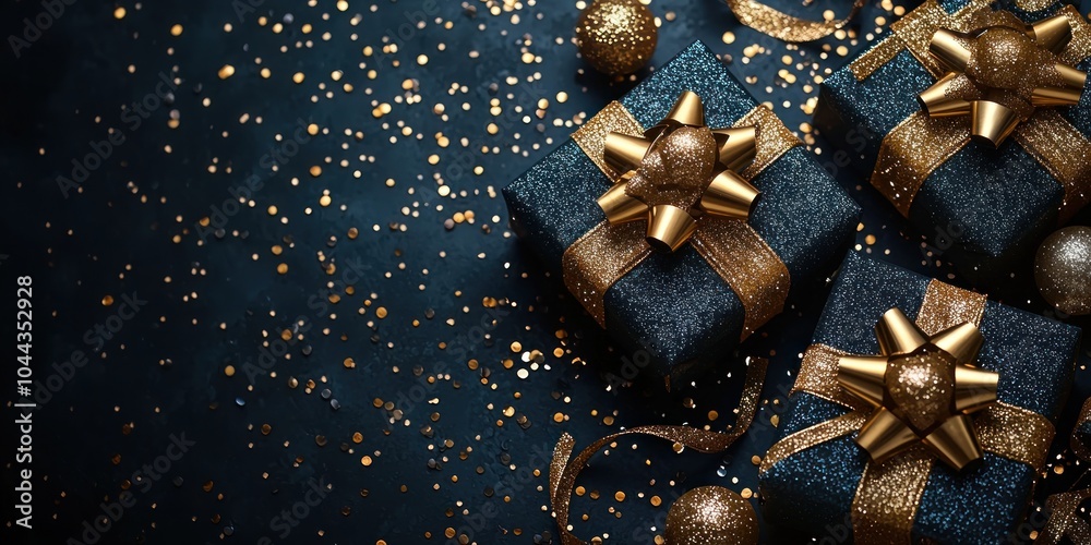 Blue and Gold Gift Boxes with Gold Confetti and Ribbon Blue and Gold Gift Boxes with Gold Confetti and Ribbon