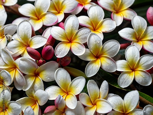 A close-up portrait of charming and beautiful colorful frangipani flowers taken in the flower garden