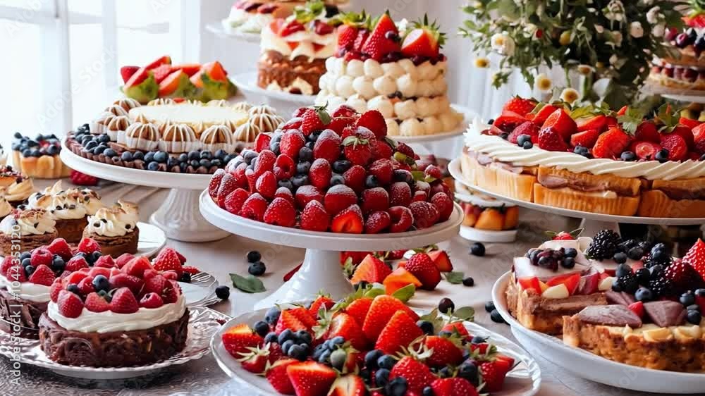 This Summer desserts with strawberries, blueberries, and cakes are beautifully arranged. This Summer desserts with strawberries, blueberries, and cakes are beautifully arranged.