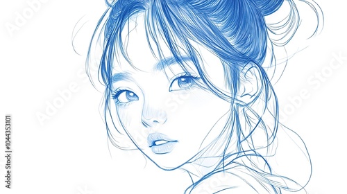 Fine lines and smooth strokes in a blue pencil sketch of a cute Chinese girl portrait. Delicate manuscript-style drawing with soft, artistic details, capturing innocence and charm 