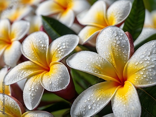 A close-up portrait of charming and beautiful colorful frangipani flowers taken in the flower garden photo