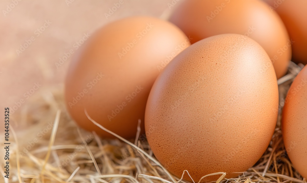 Close up of fresh brown eggs on hay, Generative AI Close up of fresh brown eggs on hay, Generative AI