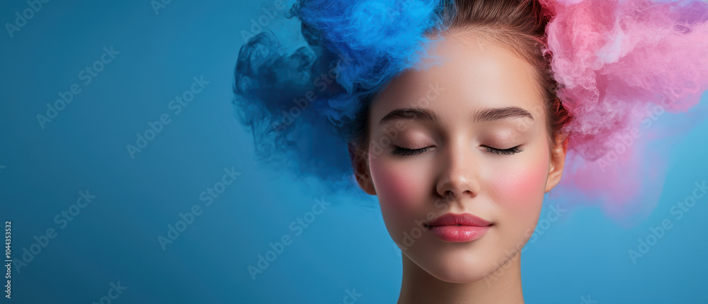 woman practicing mindfulness with vibrant colors in her hair, creating serene and artistic atmosphere. soft hues evoke sense of calm and creativity