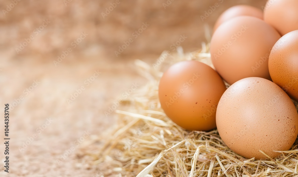 Close up of fresh brown eggs on hay, Generative AI Close up of fresh brown eggs on hay, Generative AI