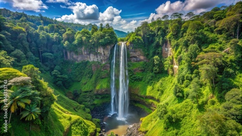 Tallest waterfall in East Java surrounded by lush greenery and clear blue skies , Madakaripura, Waterfall, East Java, Indonesia photo