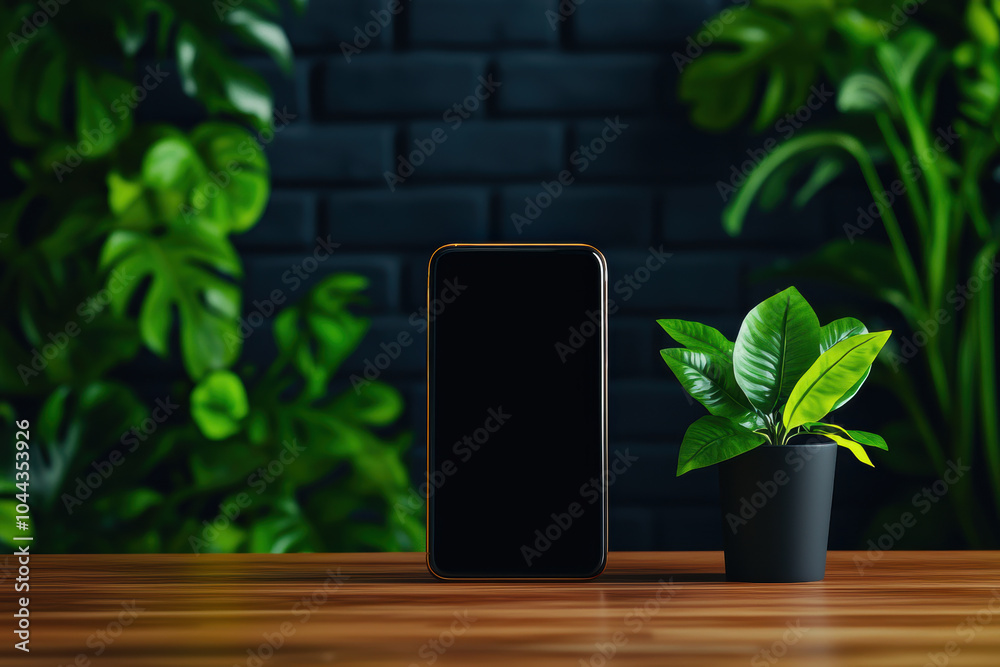 modern smartphone stands on wooden table beside small potted plant, set against dark brick wall adorned with lush green foliage, creating serene and stylish atmosphere modern smartphone stands on wooden table beside small potted plant, set against dark brick wall adorned with lush green foliage, creating serene and stylish atmosphere