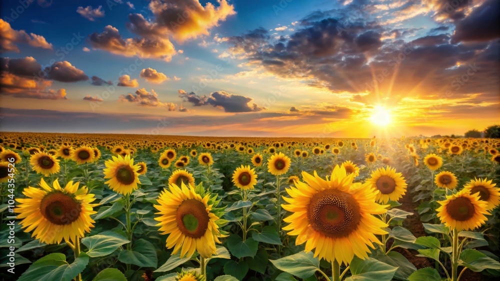 Obraz premium Sunflower field glowing in the sunset light, creating a beautiful panorama shot, Sunflower, sunset, panoramic, field, golden hour