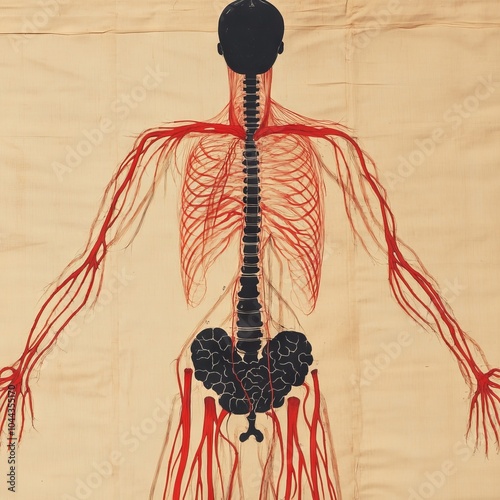 Anatomical illustration depicting the human circulatory and nervous systems.