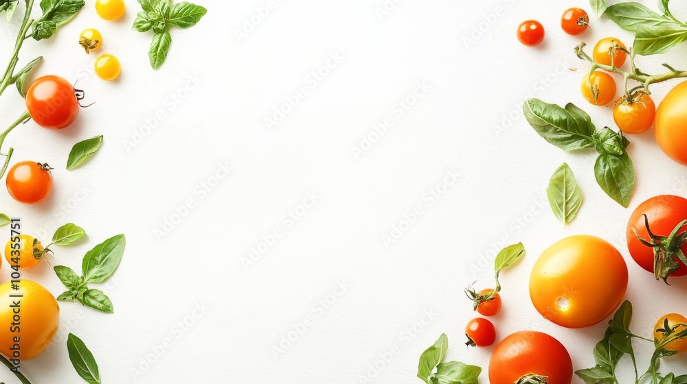 Fresh Colors of Tomatoes and Basil on White Surface Fresh Colors of Tomatoes and Basil on White Surface
